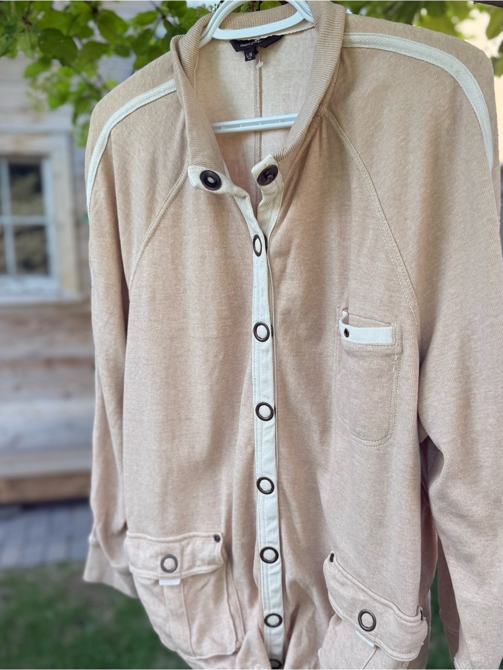 Cotton Ginny Beige Sweat Shirt Bomber Style Sweater/Jacket with Contrast Trim XL